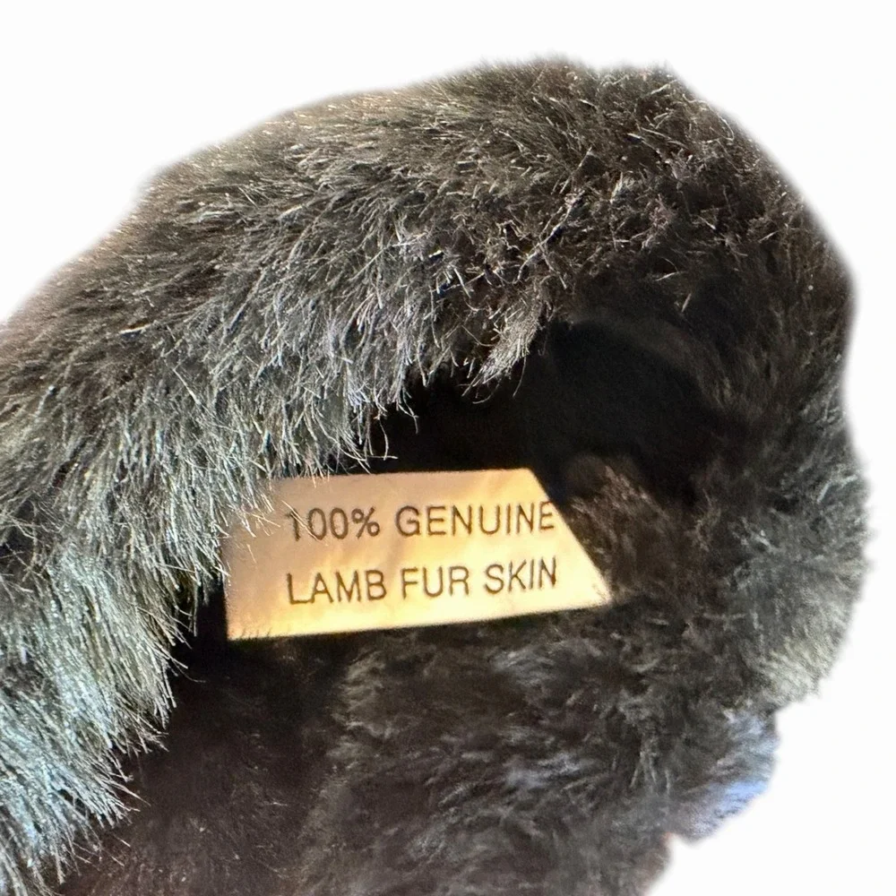 Black Genuine Lamb Fur Skin Shearling Suede Gloves with Blue Teal Trim